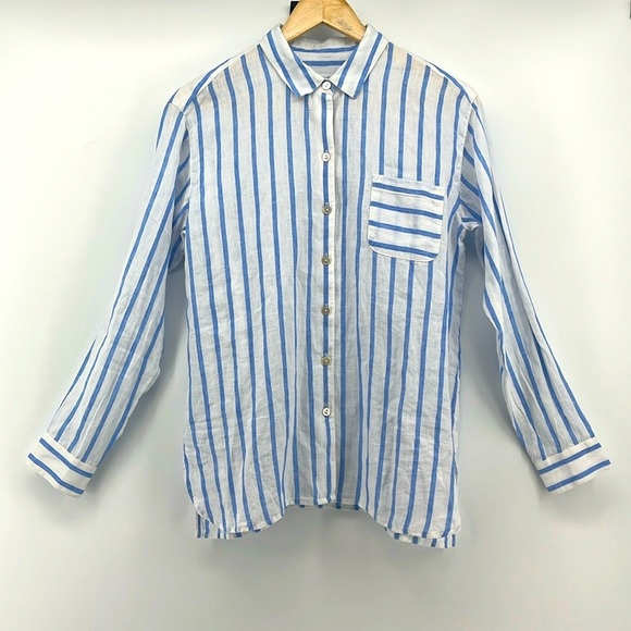 NWT J. Jill Love Linen Blue/White Stripe 100% Linen Button Down Shirt Size XS - Picture 3 of 10